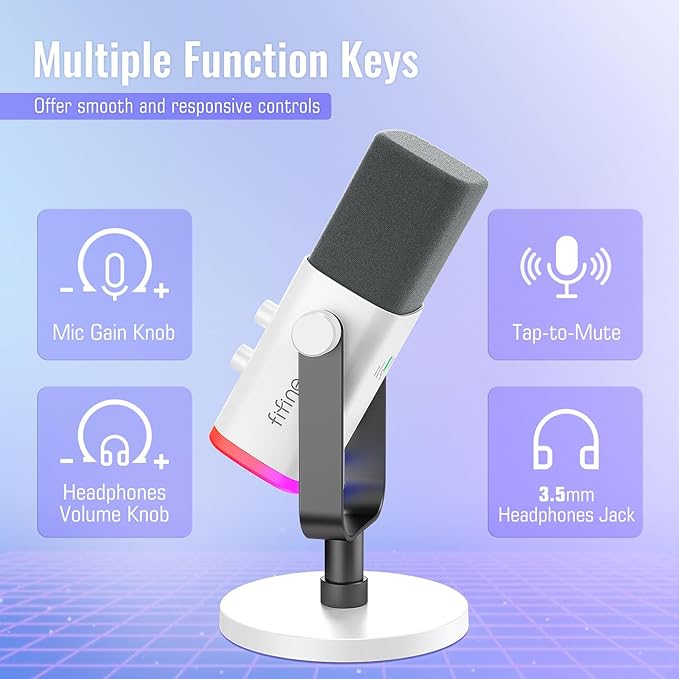 FIFINE XLR/USB Gaming Microphone Bundle with Metal Boom Arm Dynamic RGB Mic with Mute Gain Monitoring for Streaming Vocal Recording Podcast Arm Stand for Home Studio Video Creation (AM8W+CS1W)