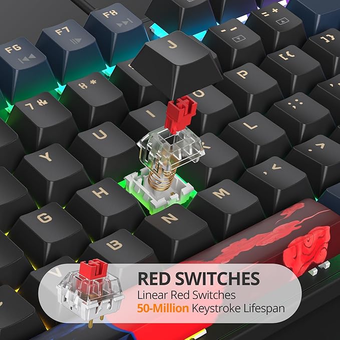 surmen Full Size Creamy Keyboard with Number Pad 104 Keys RGB Wired Mechanical Gaming Keyboard Backlit with PBT Keycaps Linear Red Switch for Laptop Desktop PC Gamers（104 Blue Samurai B）