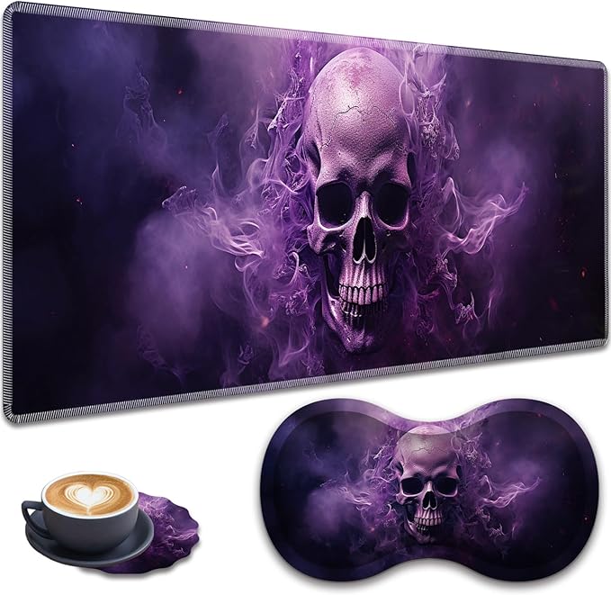 Mouse Pad Set Large Gaming Mouse Pad (31.5X 11.8 inches)+ Wrist Rest Pad + Coaster Ergonomic Wrist pad Home Office Desk Accessories Decor Supplies Smoke Skull