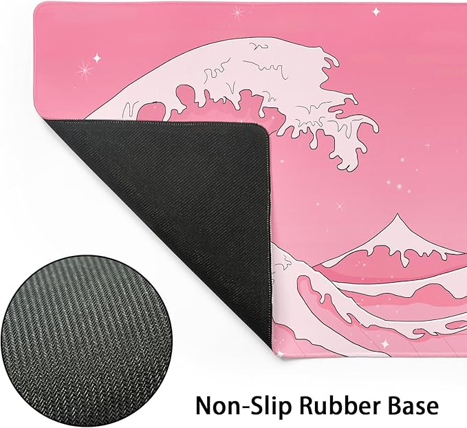 Pink Japanese Anime Gaming Mouse Pad XL Cute Kawaii Aesthetic Wave Extended Big Large Desk Mat Non-Slip Rubber Base Stitched Edge Long Keyboard Mousepad for PC Computer Laptop40x20 in100x50cm