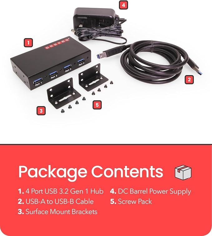 Gearmo 4 Port USB 3.0 Hub w/ESD and Surge Protection Wall and Desk Mount Ready USB-A Hub Includes 12V/2A Power Adapter and Terminal Block for Versatile Power Input