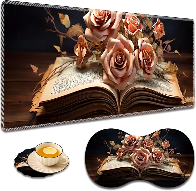 Large Game Mouse Pad + Wrist Support Pad + Coffee Coaster Desk Pad with Sewn Edges Anti-Slip Set pad Suitable for Office Work and Home - Flower Book
