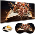 Large Game Mouse Pad + Wrist Support Pad + Coffee Coaster Desk Pad with Sewn Edges Anti-Slip Set pad Suitable for Office Work and Home - Flower Book