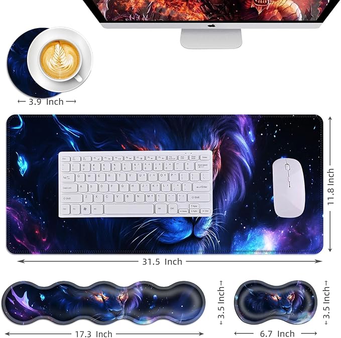 Mouse PadLarge Desk Mat Set 4in1 XL Mousepad + Keyboard Wrist Rest+Mouse Wrist Rest+Coaster with Ergonomic Desk Pad for Home Office Table Computer Cover -Galaxy Lion with Glowing Eyes