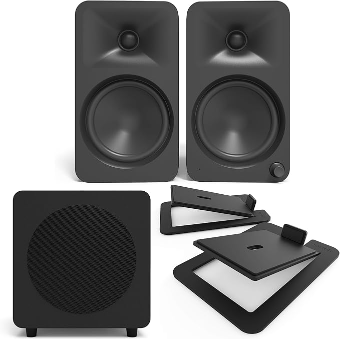 Kanto ORA4MB Pro Audio Bluetooth Desktop Speakers with a SUB8VMB Sealed Powered 8 Subwoofer S6 Angled Desktop Speaker Stands for Large Speakers (2024)