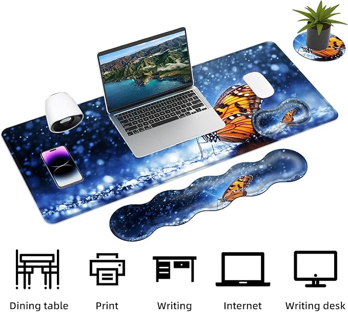 Keyboard Mouse Pad Set Extended Gaming Mouse Pad+Ergonomics Keyboard Wrist Rest Support Memory Foam Easy Typing Pain Relief 4Pcs XL Ultra Thick Desk MatButterfly in Rain