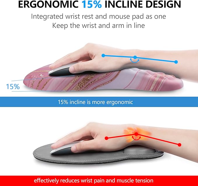 Mouse Pad Wrist Support Laokiiy 2 in1 Keyboard Wrist Rest+ Ergonomic Mouse Pad Non-Slip Wrist Rest for Computer Keyboard Made Easy Typing &amp Relieve Wrist Pain(Rose Gold Pink Marble)