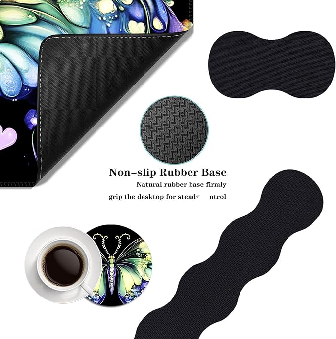 Mouse PadLarge Desk Mat Set 4in1 XL Mousepad + Keyboard Wrist Rest+Mouse Wrist Rest+Coaster with Ergonomic Desk Pad for Home Office Table Computer Cover -Fantasy Butterfly