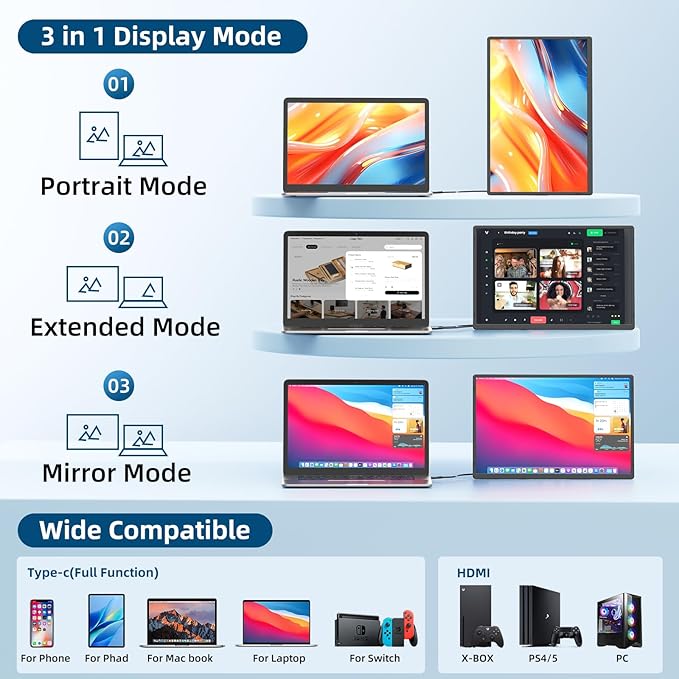 Portable Monitor 16 Inch 1200P FHD Laptop Screen Extender Dual Monitor 360° Rotating Detachable Stand Plug n Play Ultra Slim Zero Frame Travel Portable Screen for Laptop/PC/Mac/Windows/PS5