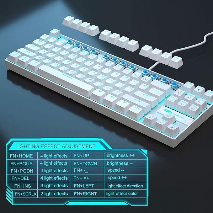 MageGee Mechanical Gaming Keyboard with Blue Switch Compact 87 Keys Wired Computer Keyboard for Windows Laptop PC Gamer LED Ice Blue Backlit White