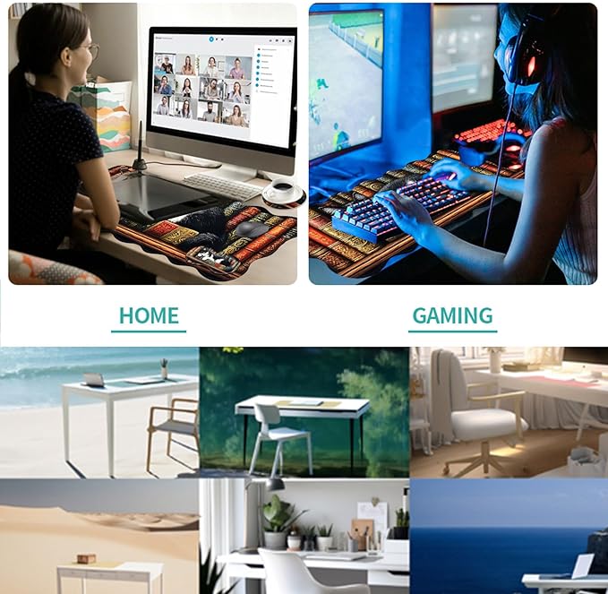 Desk Mat Mouse Pad with Wrist Rest 4-in-1 Large Mouse Pads for Desk Ergonomic Mouse Pad and Keyboard Wrist Rest Gaming Keyboard Mat for OfficeCat on Bookshelf