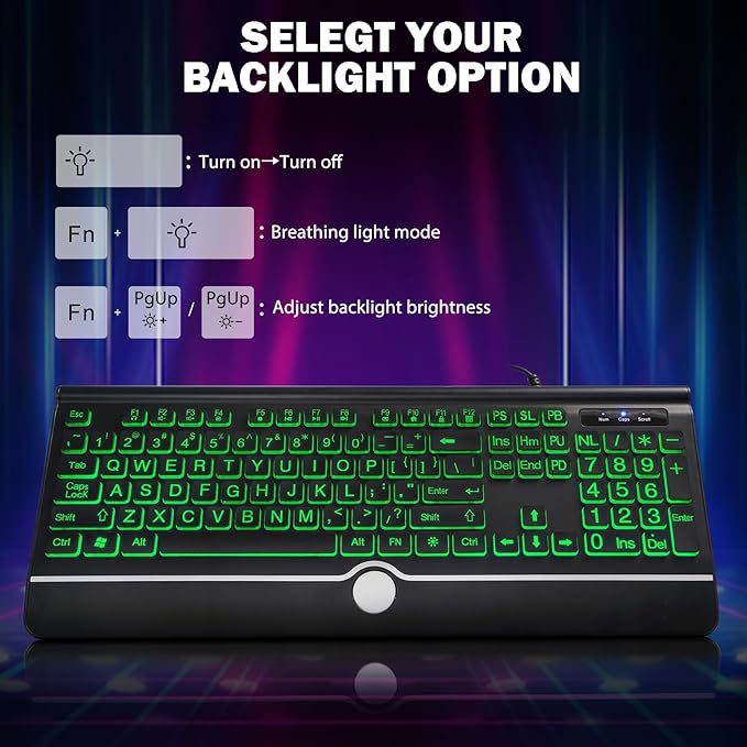 Backlit Large Print Keyboard Wired Light Up Keyboards with 7-Color Backlit Wrist Rest Oversize Letters Keys Easy to See and Type Corded Full-Size Keyboard for Windows Desktop Laptop PC Gaming