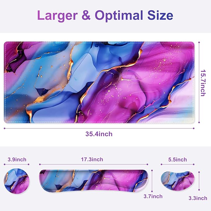 Large Gaming Mouse Pad Set 4 in 1 Ergonomics Keyboard Desk Mat with Memory Foam Wrist Rest Computer PC Extended Game Mousepad Non-Slip Desk Pad Matt Easy Typing Pain Relief I Colorful Marble