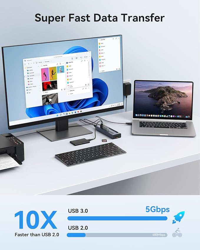 Powered USB 3.0 Hub Wenter 10 Ports 36W Powered USB Hub Aluminum USB Splitter with Individual On/Off Switches SD/TF Card Readers and 12V/3A Power Adapter for PC/Laptops/MacBook Pro/Air/iMac/iPad