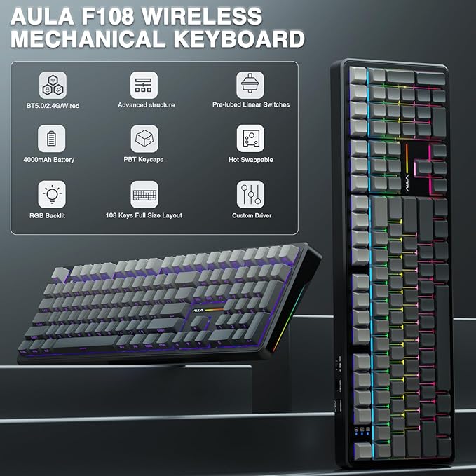 AULA F108 Wireless Mechanical Keyboard Full Size Gaming Keyboard with Number Pad Side Printed PBT Keycaps Pre-lubed Switches RGB Backlit Hot Swappable Creamy Sounding Computer Keyboards (Renewed)