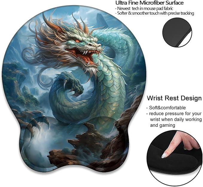 Mouse Wrist Rest and Keyboard Wrist Rest Pad+ Coaster Set Non-Slip Rubber Base Smooth Surface Ergonomic Gaming Mouse Pad for Easy Typing and Pain Relief Azure Dragon