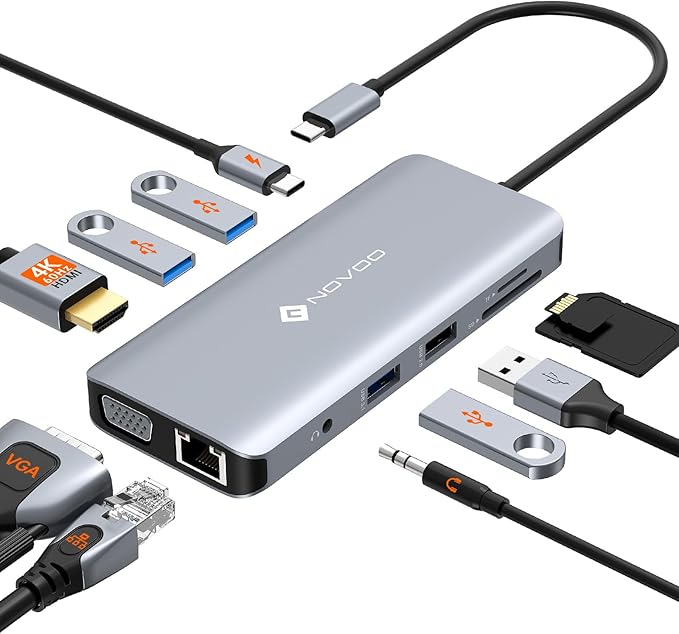 NOVOO USB C Hub 11-in-1 Docking Station Multiport Adapter with 4K USB C to HDMI VGA Gigabit Ethernet 100W PD 3 USB-A 5 Gbps MicroSD/SD Card Reader Dock for Most Type-C Devices
