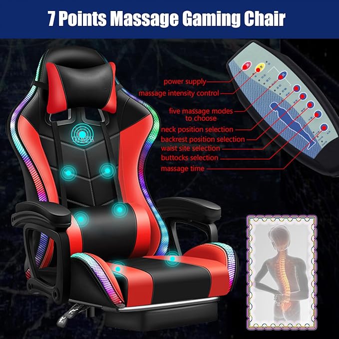 Computer Gaming Chair with RGB Lights Video Gaming Chair with SpeakersErgonomic Gaming Chair with Footrest Adjustable Height Office Desk Chair with Wheels Breathable LeatherWhite