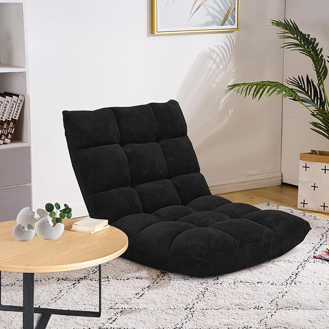 COSTWAY Adjustable Gaming Chair Video Gaming Chairs with Back Support Alloy Steel Frame Soft Coral Fleece Lazy Sofa Lounge for Reading Living Room Recliner for Adults Kids Black