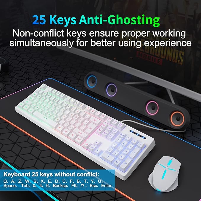 HUO JI White Gaming Keyboard USB Wired with Rainbow LED Backlit Floating Keys Mechanical Feeling Spill Resistant Ergonomic for Xbox PS Series Desktop Computer PC