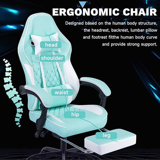 Ergonomic Gaming Chair Racing Style - High Back Gamer Chair with Footrest Adjustable Lumbar Massage Linkage Armrests &amp 90-135° Recline - Leather Computer Game Chair for Adults Green