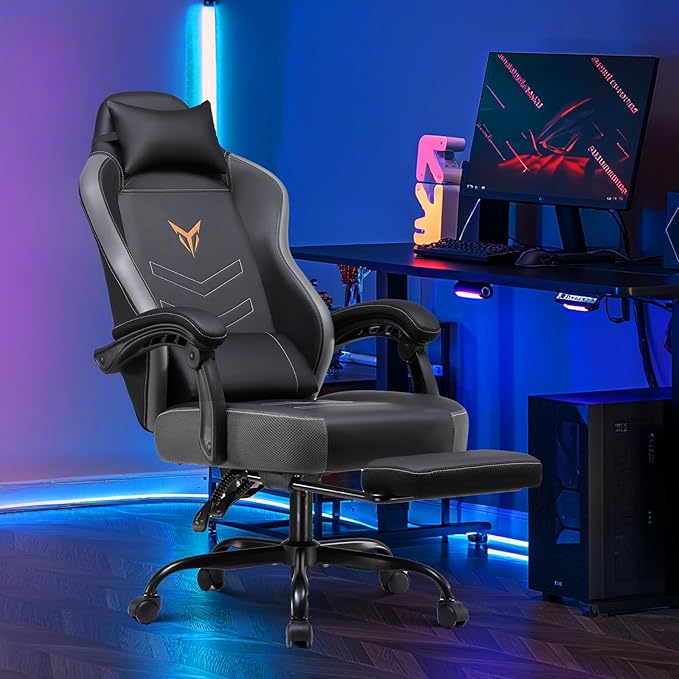 GTPLAYER Gaming Chair with Footrest Recliner Chair with Headrest &amp Lumbar Support Linkage ArmrestErgonomic Gaming Chair High Back Office Home Grey