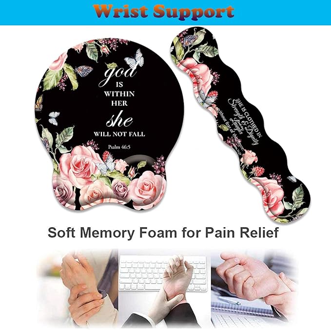3 in 1 Keyboard Wrist Rest + Mouse Pad and Coaster Ergonomic Gel Mouse Pad and Keyboard Pad Set Comfortable Lightweight for Easy Typing Pain Relie Floral Quote Bible Verse Psalm 46:5