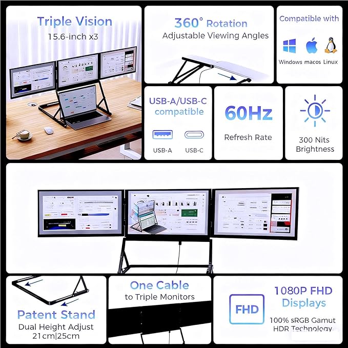 15.6 Portable Triple Monitor for Laptop Full HD IPS Screen Extender Play USB-C HDMI Multi-Screen Display for Windows MacBook Designers