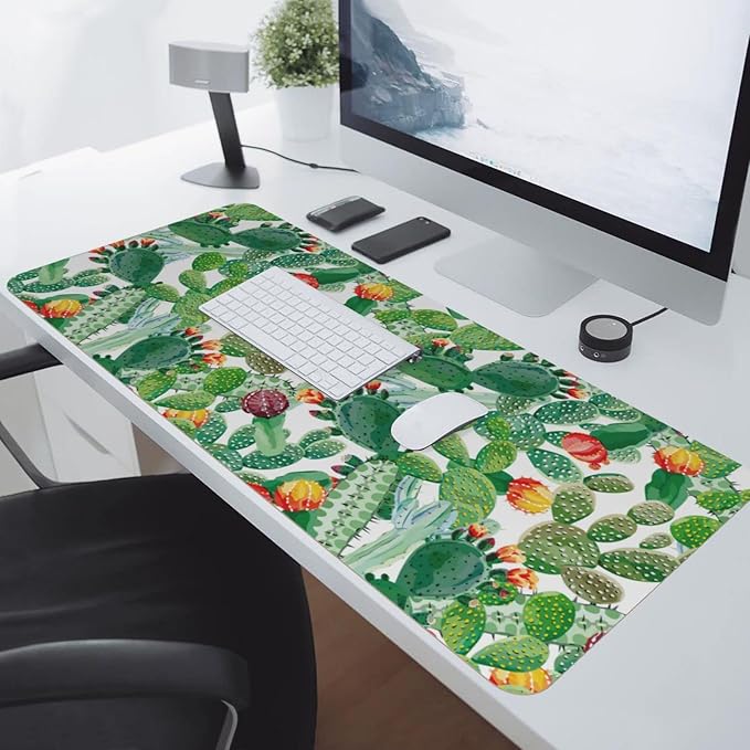 Cactus Plant Large Mouse Pad Gaming Mousepad with Wrist Support Rubber Computer Keyboard Mat for Desk Laptop Non-Slip Full Deskmat Protector Waterproof Writing Pad Office Home 16x35.5 in