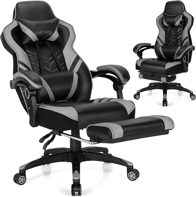 Goplus Gaming Chair Computer Chair with Footrest and Lumbar Support Height Adjustable Executive Swivel Rolling Task Chair with 90°-155° Tilt Function (Grey)