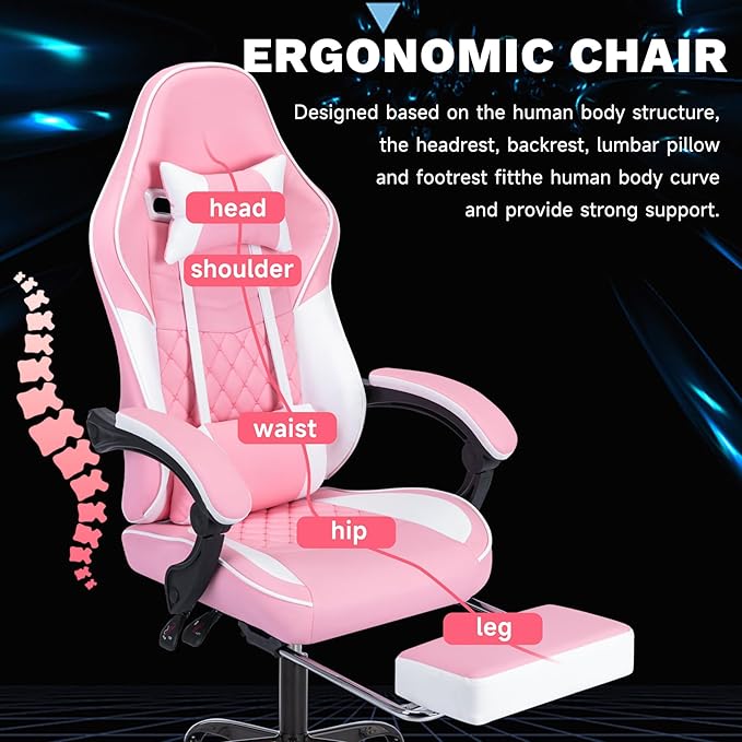 Gaming Chair with Footrest High Back Ergonomic Computer Chair Height Adjustable Game Chair with Headrest and Lumbar Support for Office or Gaming (Pink with Massage)