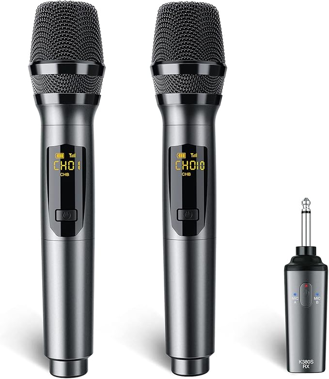 LEKATO Wireless Microphone Rechargeable Wireless Microphones with Receiver Dual Handheld Microphone System Dynamic MIC for Singing Speech Wedding ChurchSpeaker PA System(K380S)