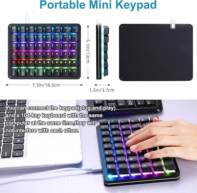 Koolertron One Handed Mechanical Gaming Keyboard 48-Key Fully Programmable Mini Keypad Mini USB Macro Keyboard with RGB LED Backlit for Windows PC Gamer