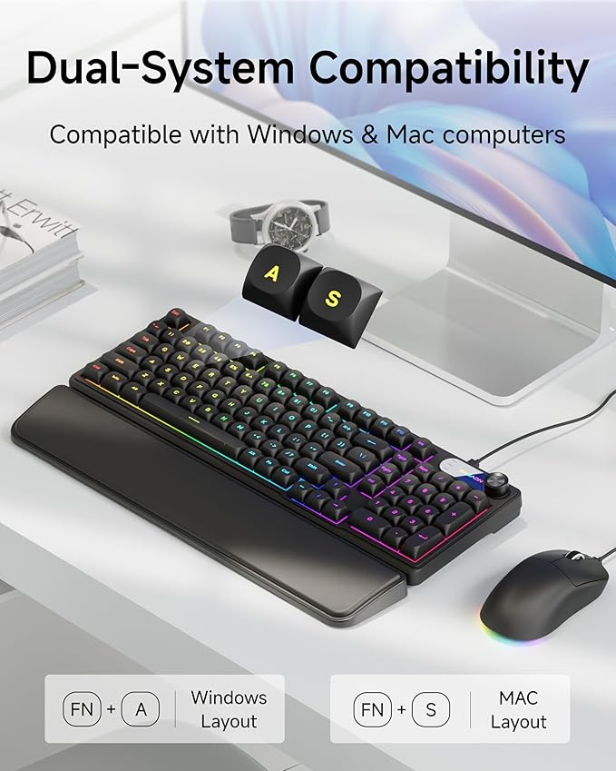 C98 Gaming Keyboard and Mouse Wired PC Gaming Keyboards with Multimedia Knob Wrist Palm&amp 3200 DPI RGB Backlit Computer Keyboard Quiet Membrane Gaming Keyboard for Windows/MAC/Laptop (Black)