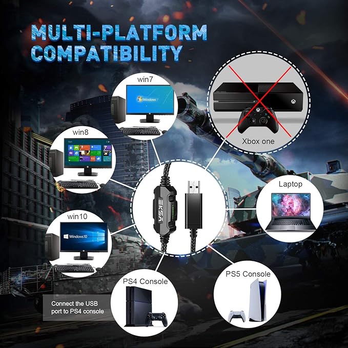 EKSA E1000 Gaming Headset Computer Headphones with Noise Canceling Mic &amp RGB Light 7.1 Surround Sound Compatible with PC PS4 PS5 Console Laptop (Blue)