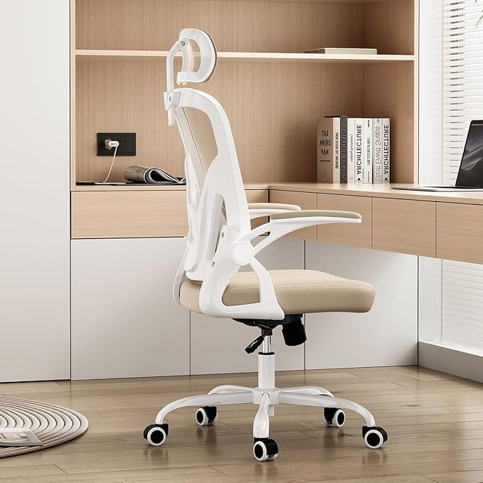 Ergonomic Mesh Office Chair with Flip-Up Armrests &amp Lumbar Support - Adjustable Swivel Desk Chair for Home Office and Gaming 350 lbs Capacity (Khaki Model E)