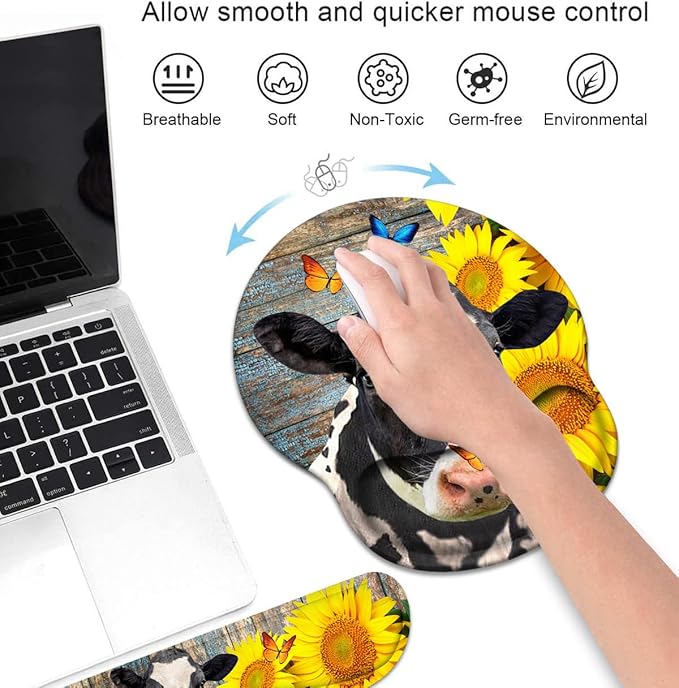 Keyboard Wrist Rest and Mouse Pad Wrist Support Set with Coasters Ergonomic Gaming Mousepad Non-Slip PU Base for Home Office Working Studying Easy Typing &amp Pain Relief - Sunflowers and Cow