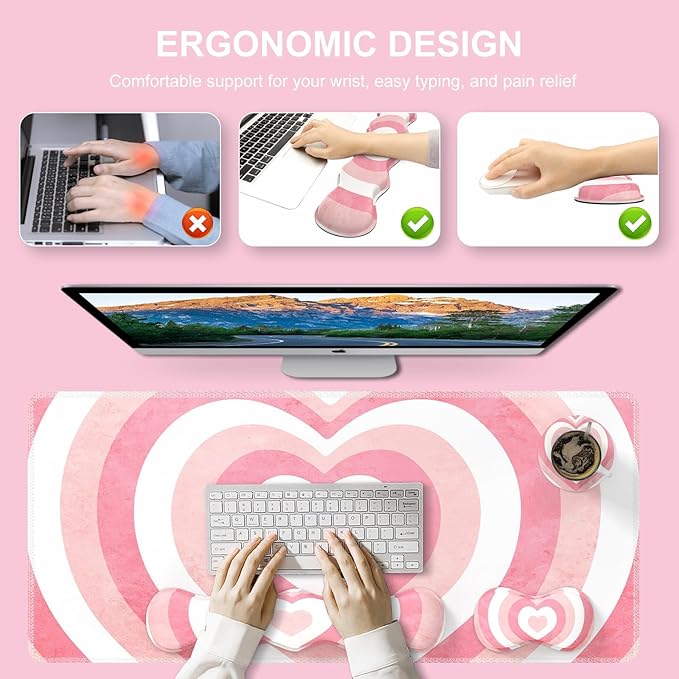 iLeadon Keyboard Mouse Pad Set Large Gaming Mouse Pad + Keyboard Wrist Rest + Mouse Pad with Wrist Support + Coaster Easy Typing Pain Relief Desk Mat Set Valentines Day present for Her Pink Heart