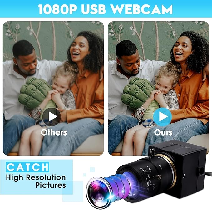1080P USB Webcam 2MP HD Web Camera Low Illumination 0.01Lux USB2.0 Camera H.264 High Definition IMX322 Webcam with 2.8-12mm Varifocal Lens