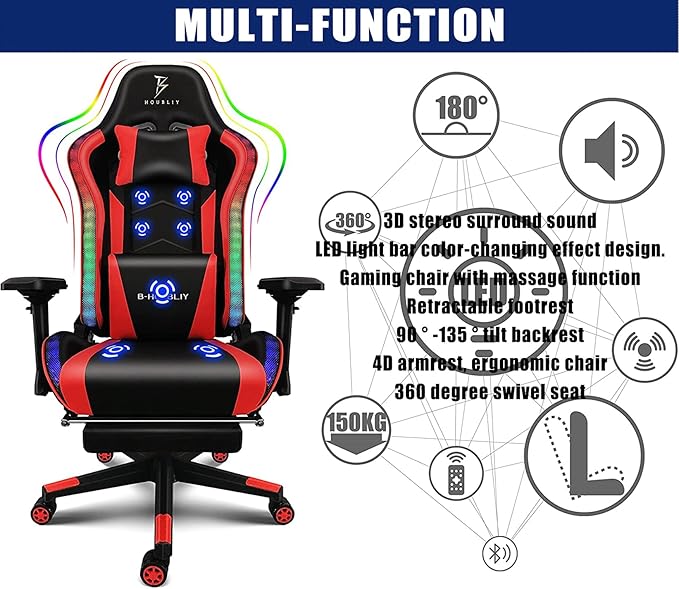 TBQATNTS Massage Gaming Chair with Speakers Ergonomic Pro Gaming Chair with Headrest and Lumbar SupportReclining Computer Chair with Footrest and RGB LightsVideo Game Chair for Adults Kids.Pink