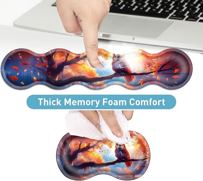 Keyboard Mouse Pad Set Extended Gaming Mouse Pad+Ergonomics Keyboard Wrist Rest Support Memory Foam Easy Typing Pain Relief 4Pcs XL Ultra Thick Desk MatAutumn Owl Falling Leaves