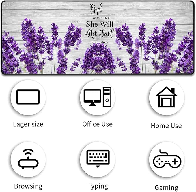 Large Gaming Mouse Pad 31.5x11.8 Inch Keyboard Pad + Ergonomic Wrist Rest Pad and Coaster with Non-Slip 3-Piece Desk Supplies Set Bible Psalm 46:5 Lavender Design for Gamers/Office/Study