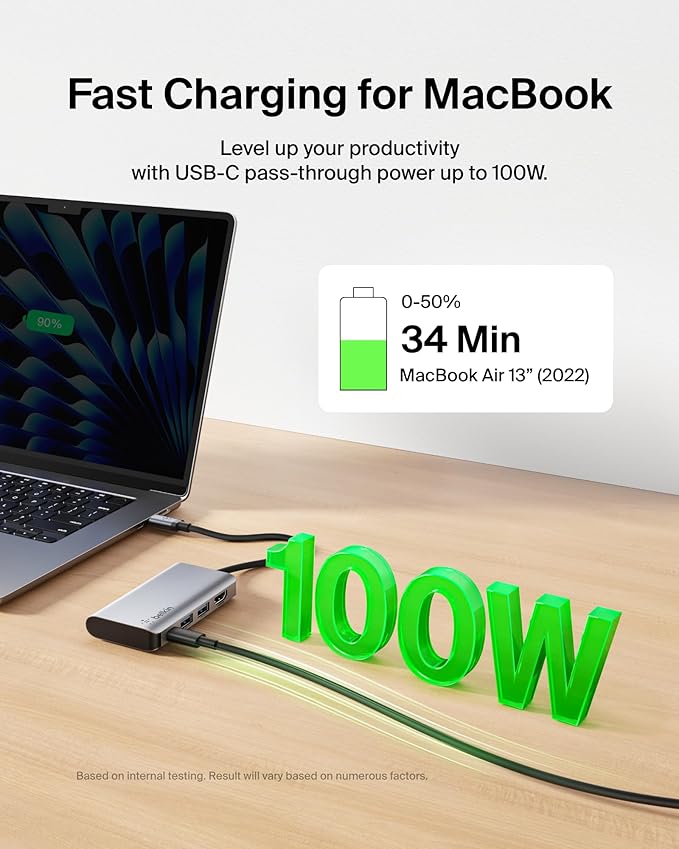 Belkin USB C Hub 4-in-1 Multi-Port Laptop Dock with 4K HDMI USB C Docking Station with 100 Watt Pass-Through Power Delivery 2 X USB A Ports For MacBook Pro Air iPad Pro Chromebook and More