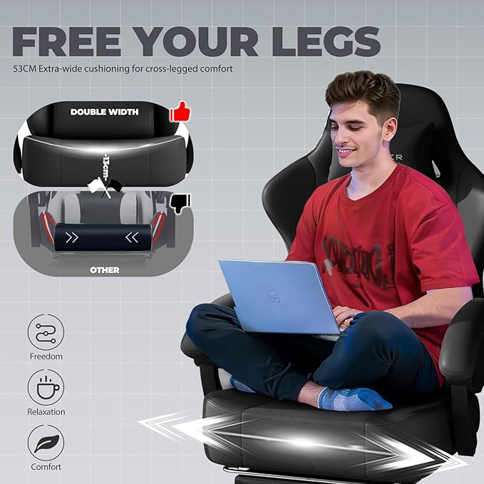 GTPLAYER Gaming Chair with Pocket Spring Cushion Big and Tall Gamings Chairs 350LBS High Back Computer Chair with Footrest for Adults Lumbar Support Swivel Game Chair for OfficeLeather Black-Massage