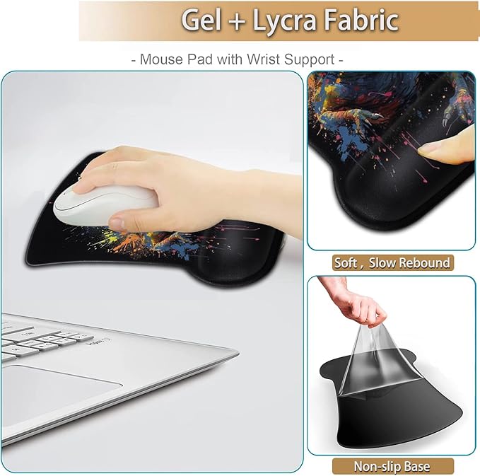 Keyboard Wrist Rest and Mouse Pad Wrist Support Set Ergonomic Gel Mouse Pad Wrist Rest with Non-Slip Base for Home Office Desk Pad Easy Typing Cool Painted Dinosaur Black Gaming Mouse Mat