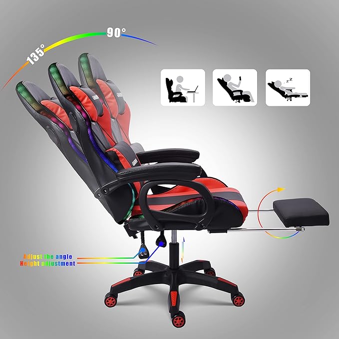 TBQATNTS Video Gaming Chair with Speaker and RBG Light Ergonomic Computer Chair with Massage Function Comfortable Computer Recliner with Footrest and Lumbar SupportGaming Chair for Adults Kids.Red