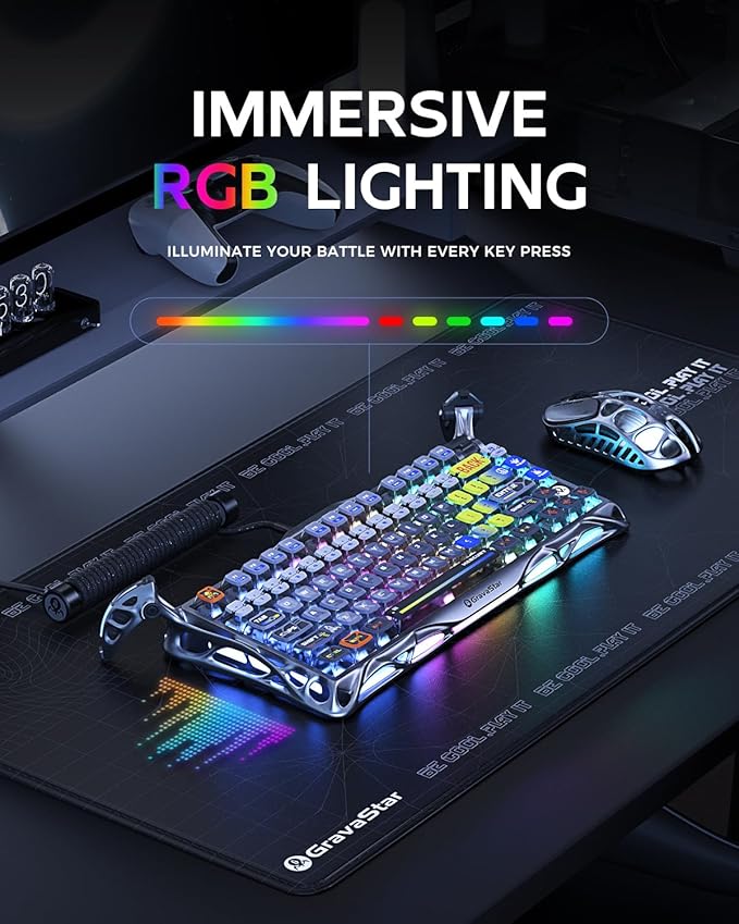 GravaStar Mercury K1 Pro Wireless Mechanical Gaming Keyboard 75% Layout RGB Custom Keyboard Hot-Swappable Linear Switches – Aluminum Alloy Interstellar Silver Brushed Metal Look