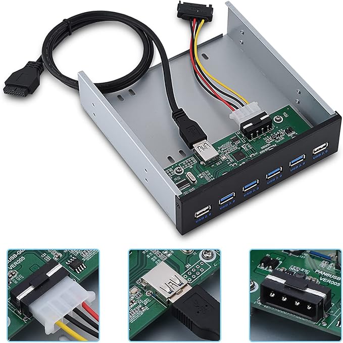 ASHATA 19 pin to 4 USB3.0 + 2 USB2.0 6 Interface Metal Front Panel USB Hub Audio Front Panel High Speed Data  Black