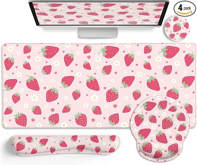 Strawberry Mouse Pad Desk Mat Set Pink Ergonomic Mouse Pad with Wrist Rest Large Gaming Mousepad Wrist Support Keyboard Mat Cup Coaster Set Cute Office Desk Decor Accessories Supplies
