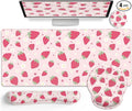Strawberry Mouse Pad Desk Mat Set Pink Ergonomic Mouse Pad with Wrist Rest Large Gaming Mousepad Wrist Support Keyboard Mat Cup Coaster Set Cute Office Desk Decor Accessories Supplies
